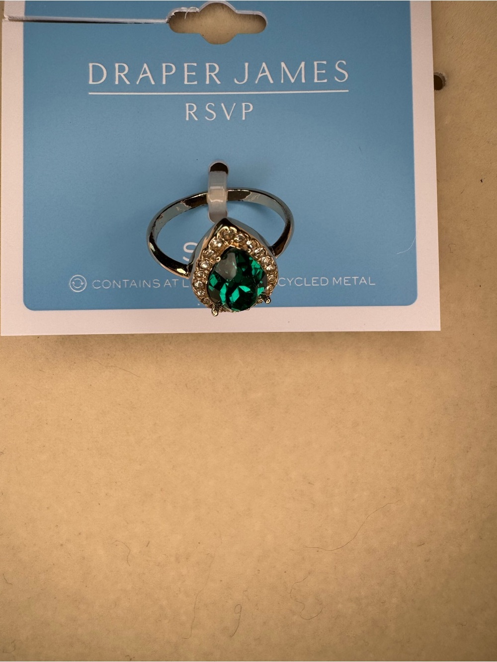 New Draper James RSVP Emerald Teardrop Ring with Gold Accents size 7